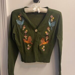Voodoo Vixen Olive Cardigan with Bird Embroidery